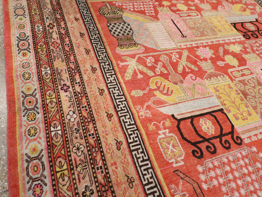 Antique East Turkestan Vase Khotan Small Room Size Carpet, No.30927 - Gss