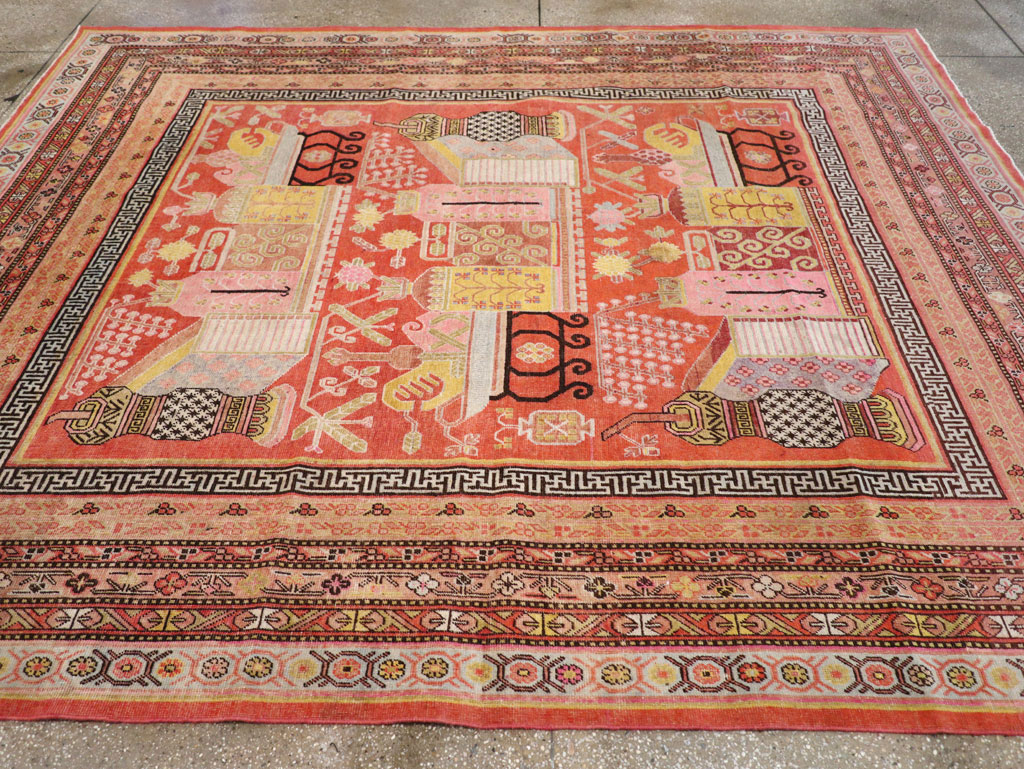 Antique East Turkestan Vase Khotan Room Size Carpet, No.30927 - Gss