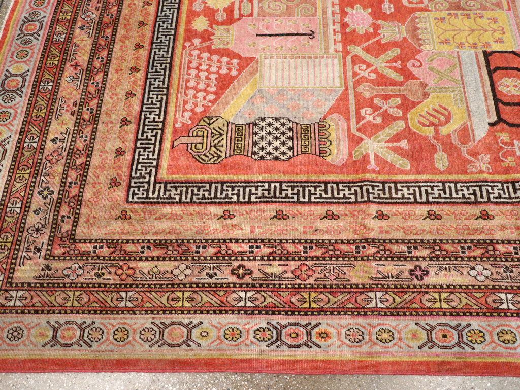 Antique East Turkestan Vase Khotan Room Size Carpet, No.30927 - Gss