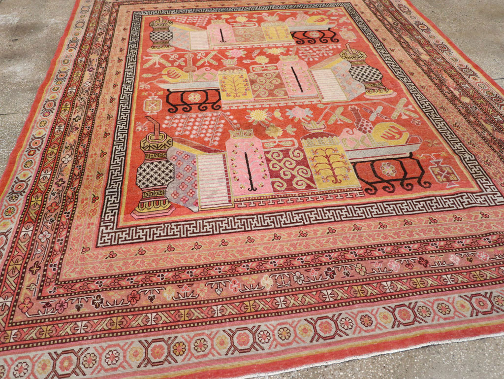 Antique East Turkestan Vase Khotan Small Room Size Carpet, No.30927 - Gss