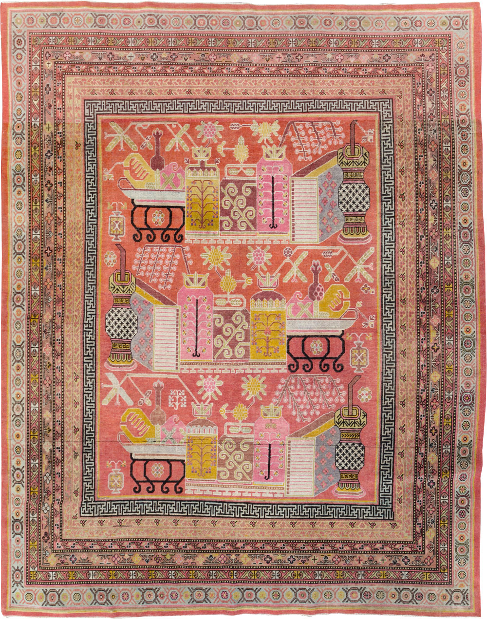 Antique East Turkestan Vase Khotan Small Room Size Carpet, No.31144 - Gss