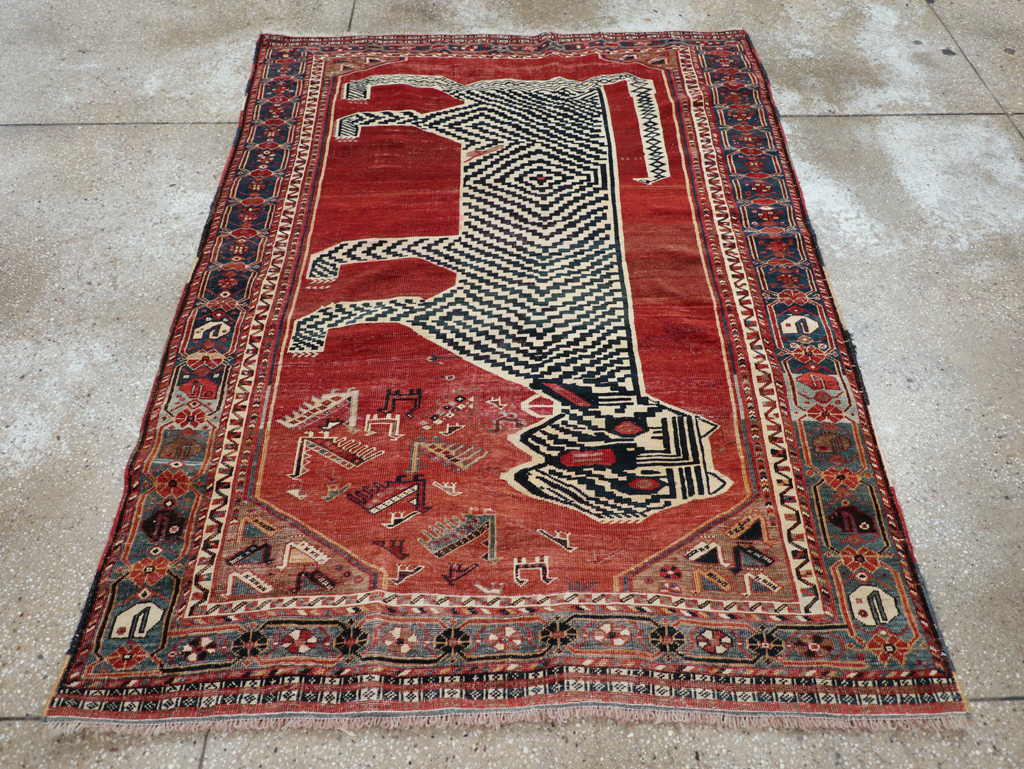 Antique Persian Qashqai Pictorial Accent Rug, No.31320 - Gss