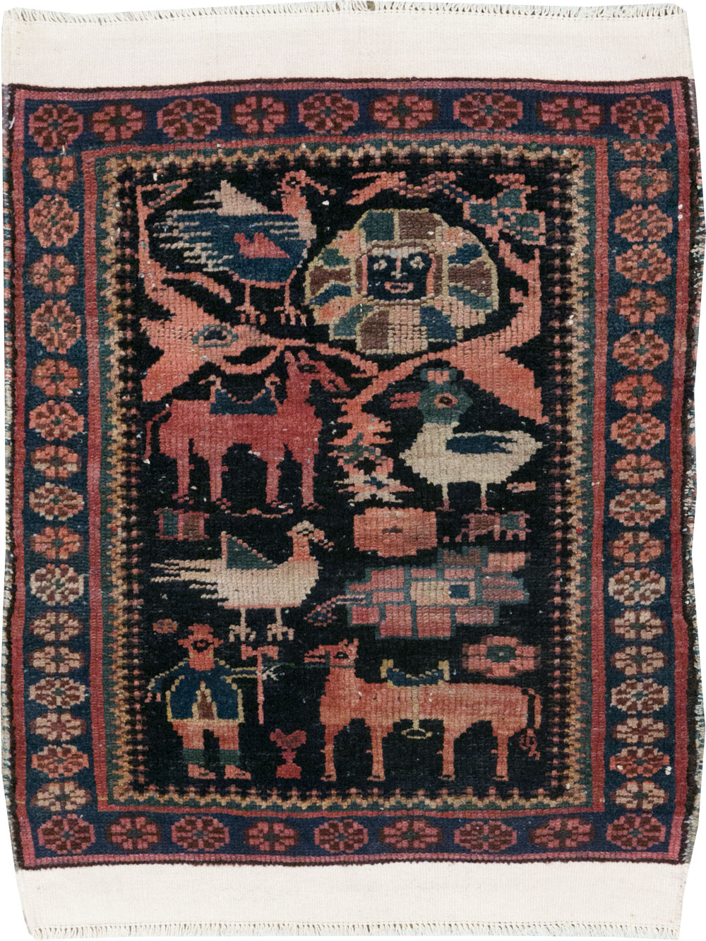 Antique Persian Kurdish Pictorial Throw Rug, No.31345 - Gss