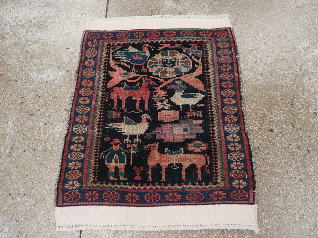 Antique Persian Kurdish Pictorial Throw Rug, No.31345 - Gss