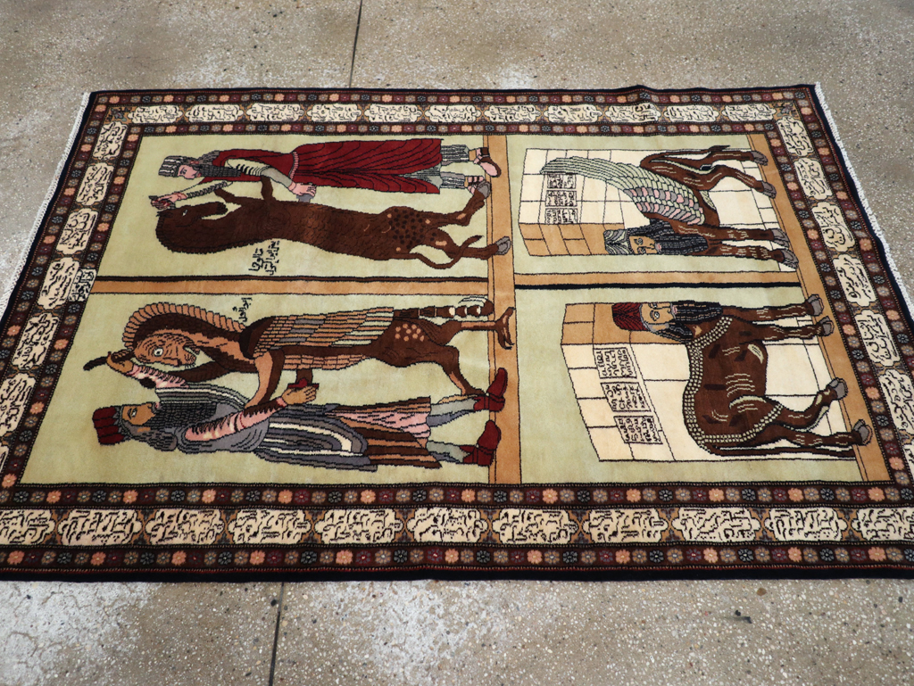 Vintage Turkish Zanjan Pictorial Accent Rug, No.31477 - Gss