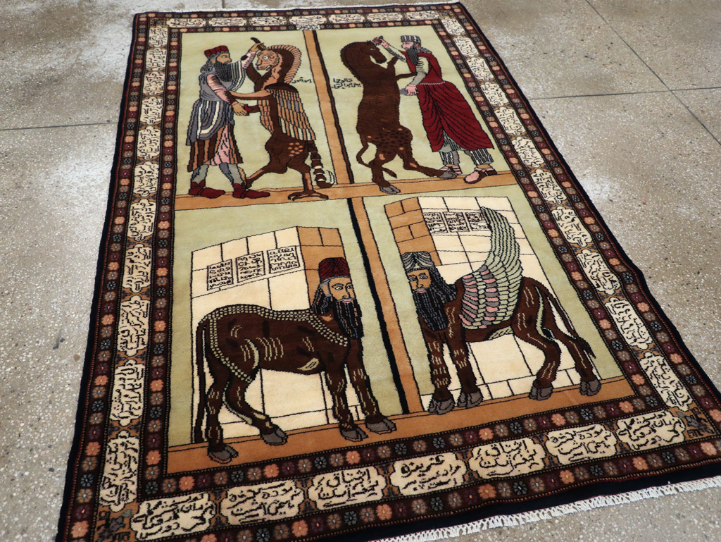 Vintage Turkish Zanjan Pictorial Accent Rug, No.31477 - Gss