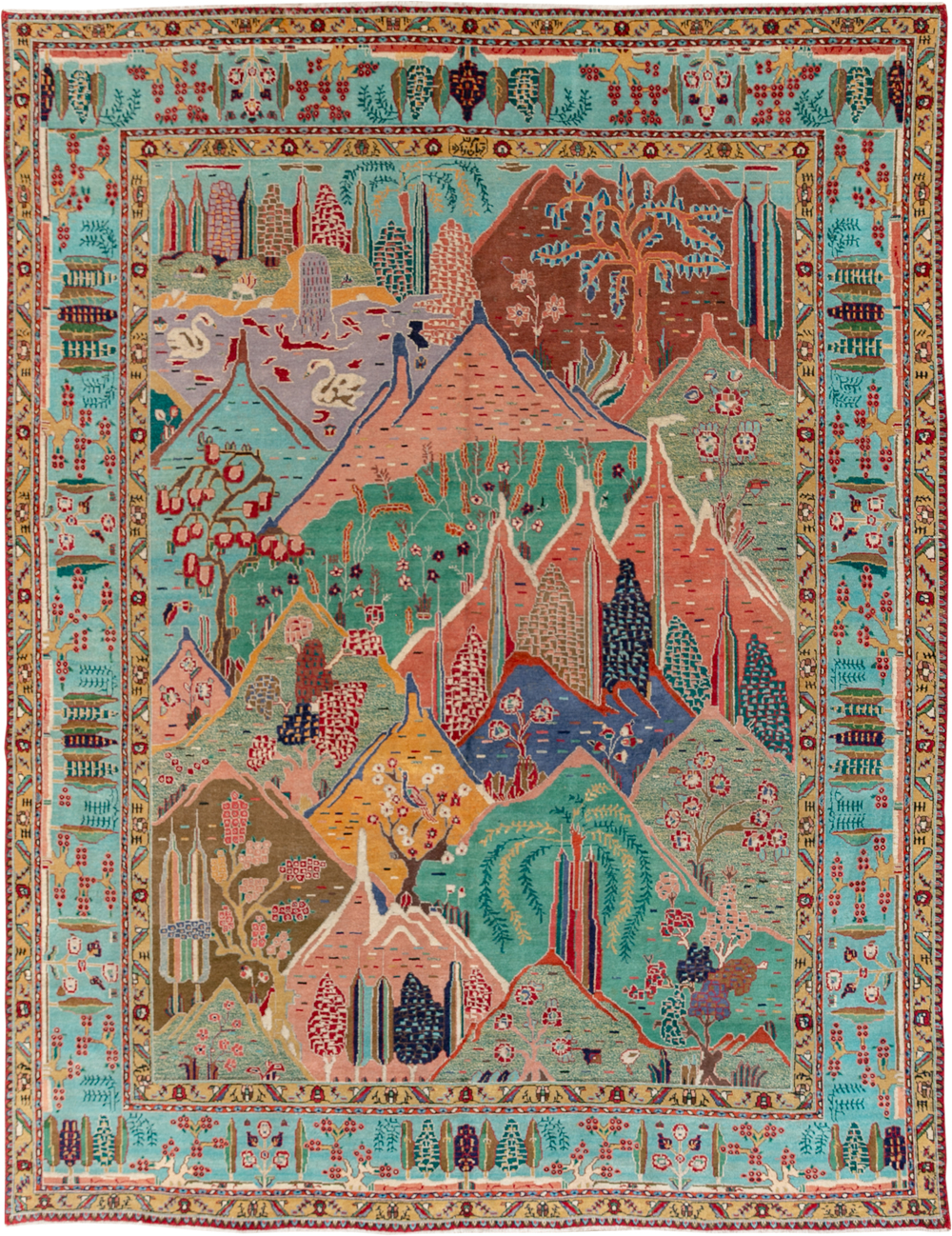 Vintage Persian Tabriz Pictorial Room Size Carpet, No.31566 - Gss