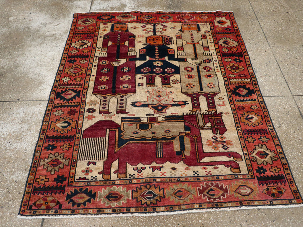 Vintage Persian Pictorial Bakhtiari Tribal Accent Rug, No.31741 - Gss