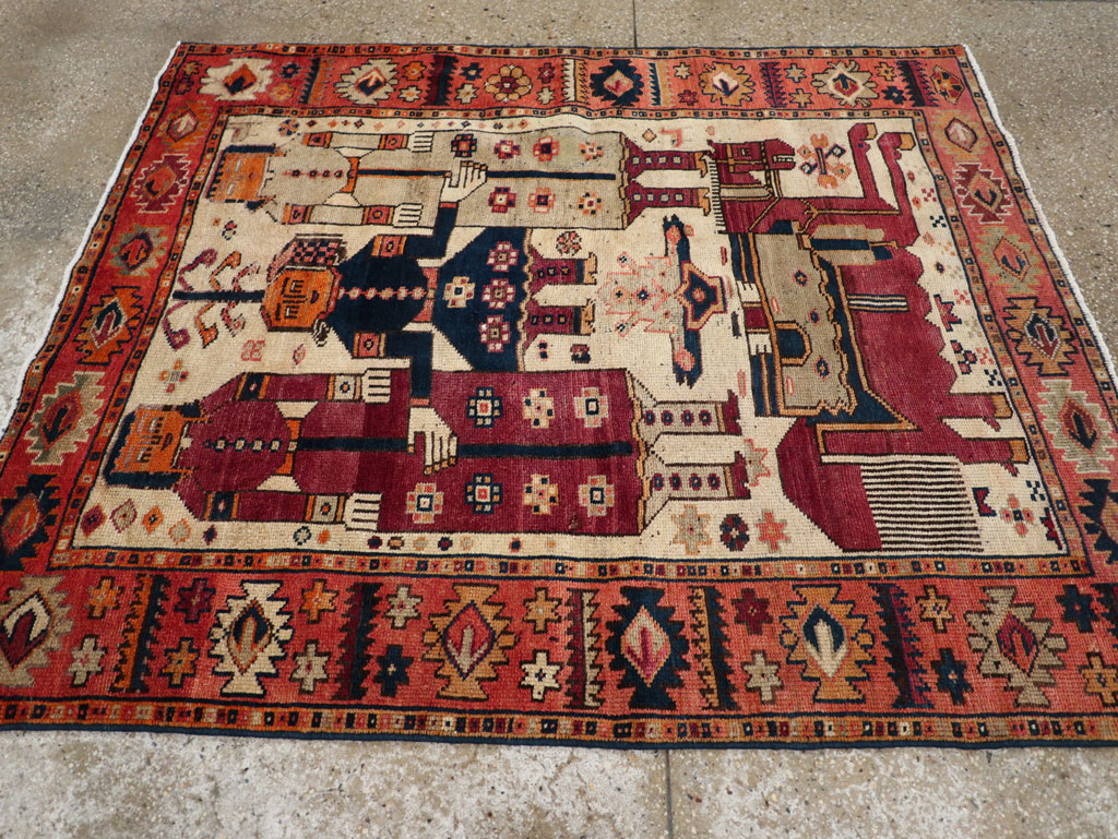 Vintage Persian Pictorial Bakhtiari Tribal Accent Rug, No.31741 - Gss