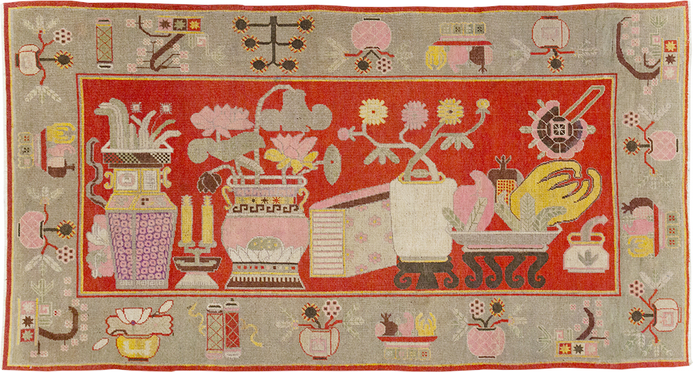 Antique East Turkestan Pictorial Vase Khotan Rug, No.31790 - Gss