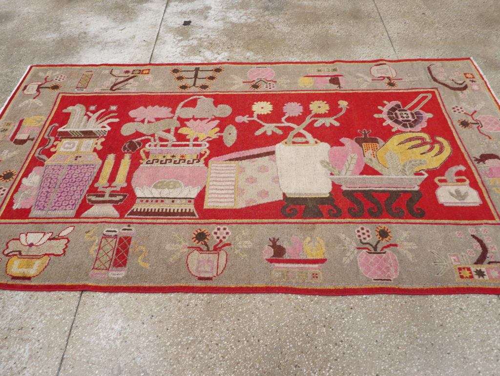 Antique East Turkestan Pictorial Vase Khotan Rug, No.31790 - Gss