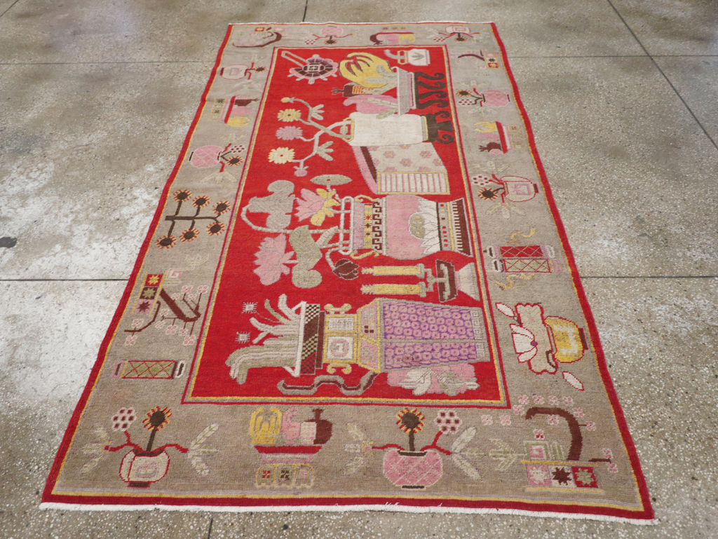 Antique East Turkestan Pictorial Vase Khotan Rug, No.31790 - Gss