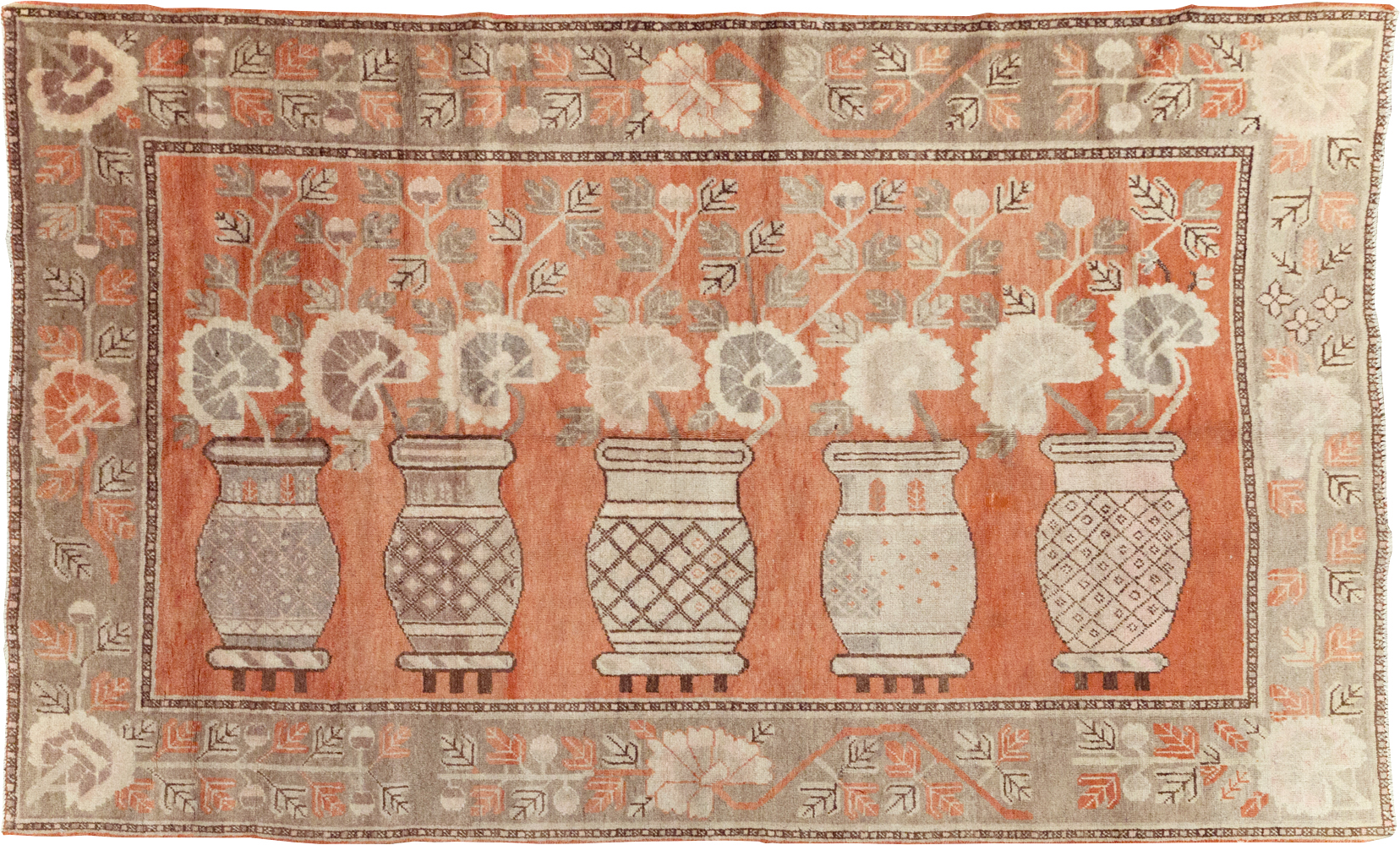 Antique East Turkestan Pictorial Vase Khotan Accent Rug, No.31791 - Gss