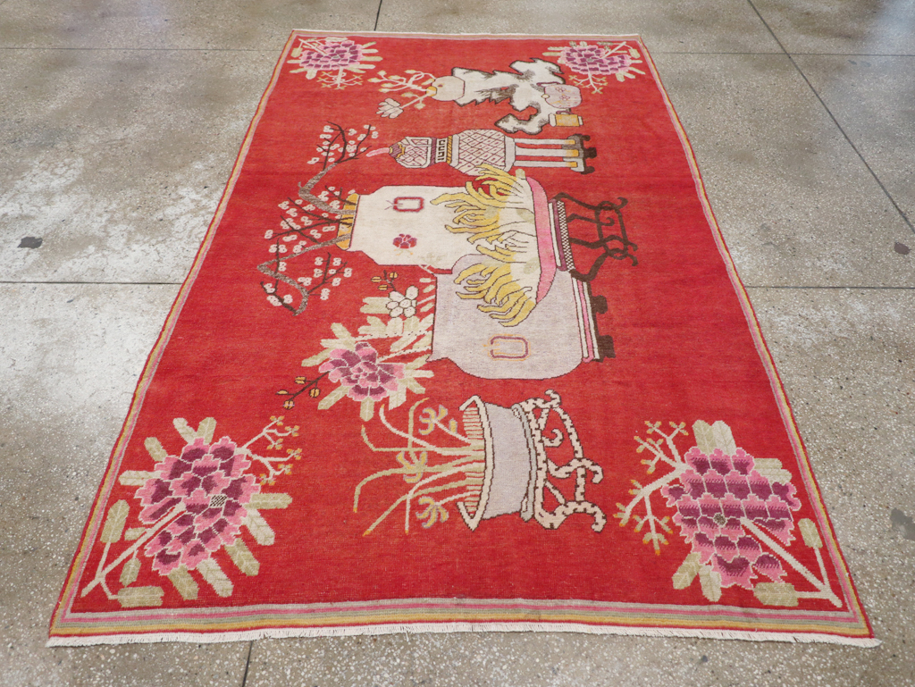 Antique East Turkestan Pictorial Vase Khotan Rug, No.31879 - Gss