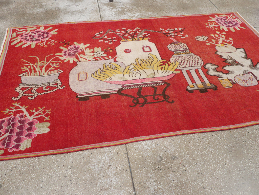 Antique East Turkestan Pictorial Vase Khotan Rug, No.31879 - Gss