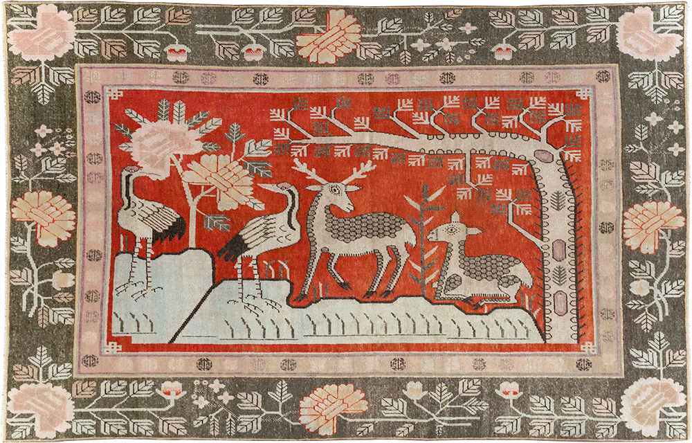 Vintage East Turkestan Khotan Pictorial Accent Carpet, No.31880 - Gss