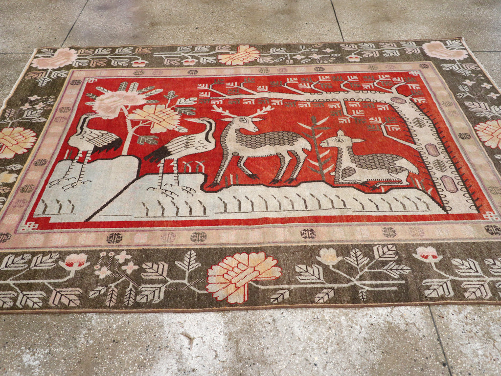 Vintage East Turkestan Khotan Pictorial Accent Carpet, No.31880 - Gss