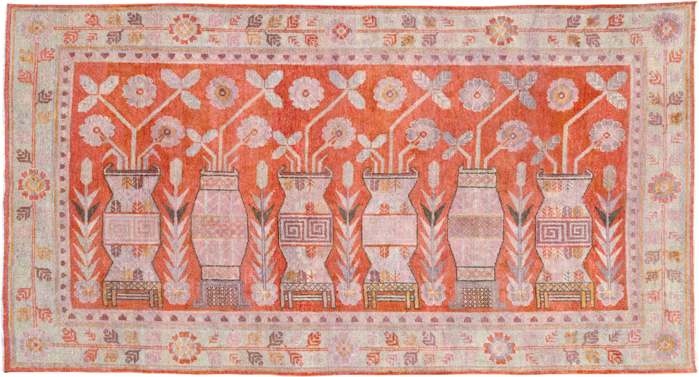 Antique East Turkestan Vase Khotan Pictorial Accent Rug, No.31895 - Gss