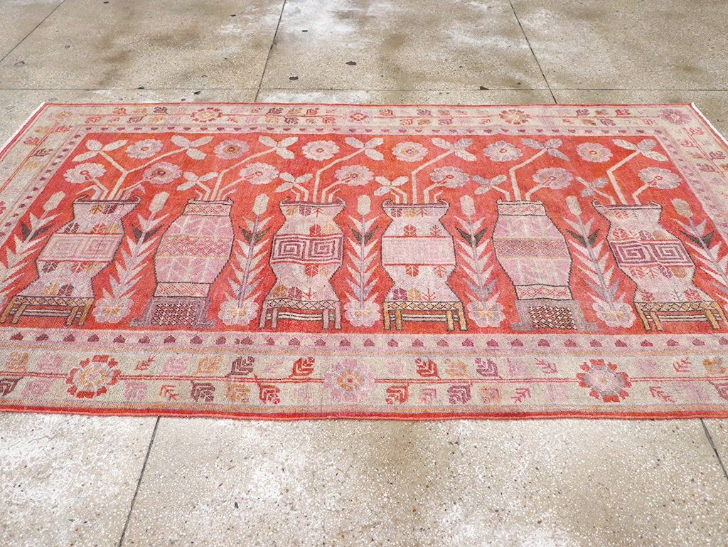 Antique East Turkestan Khotan Pictorial Vase Accent Rug, No.31895 - Gss