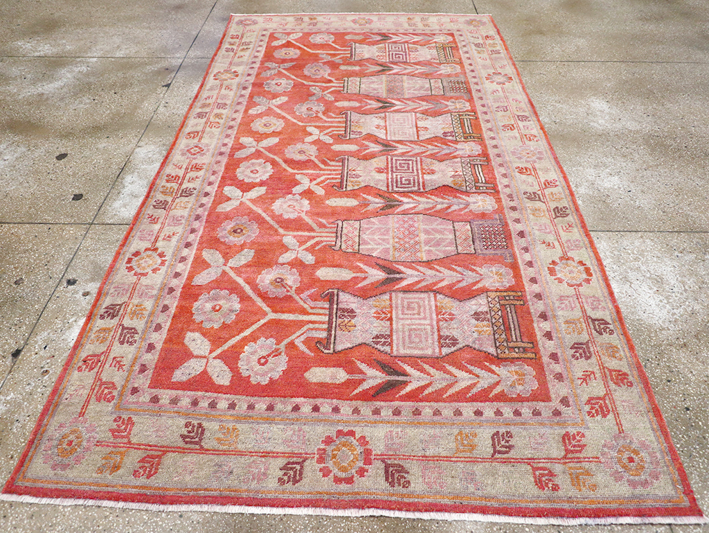 Antique East Turkestan Khotan Pictorial Vase Accent Rug, No.31895 - Gss