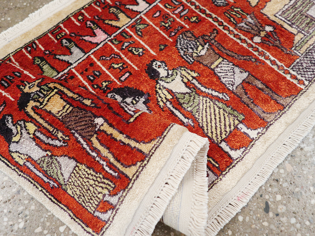 Vintage Persian Quom Pictorial Throw Rug, No.32102 - Gss