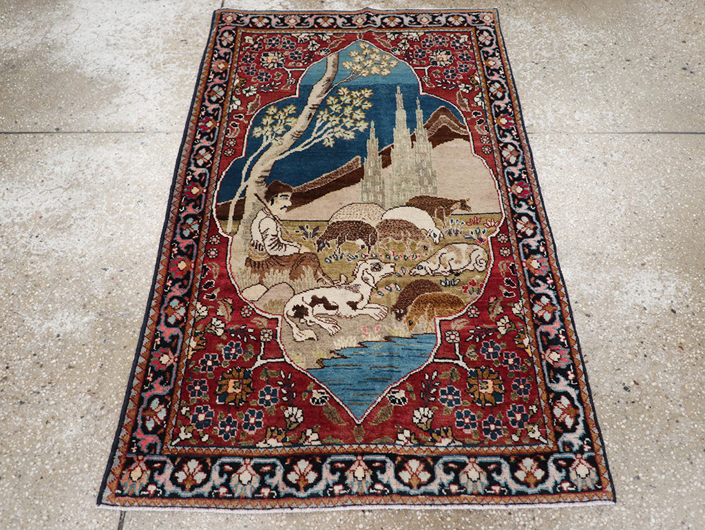 Vintage Persian Tabriz Pictorial Throw Rug, No.32103 - Gss