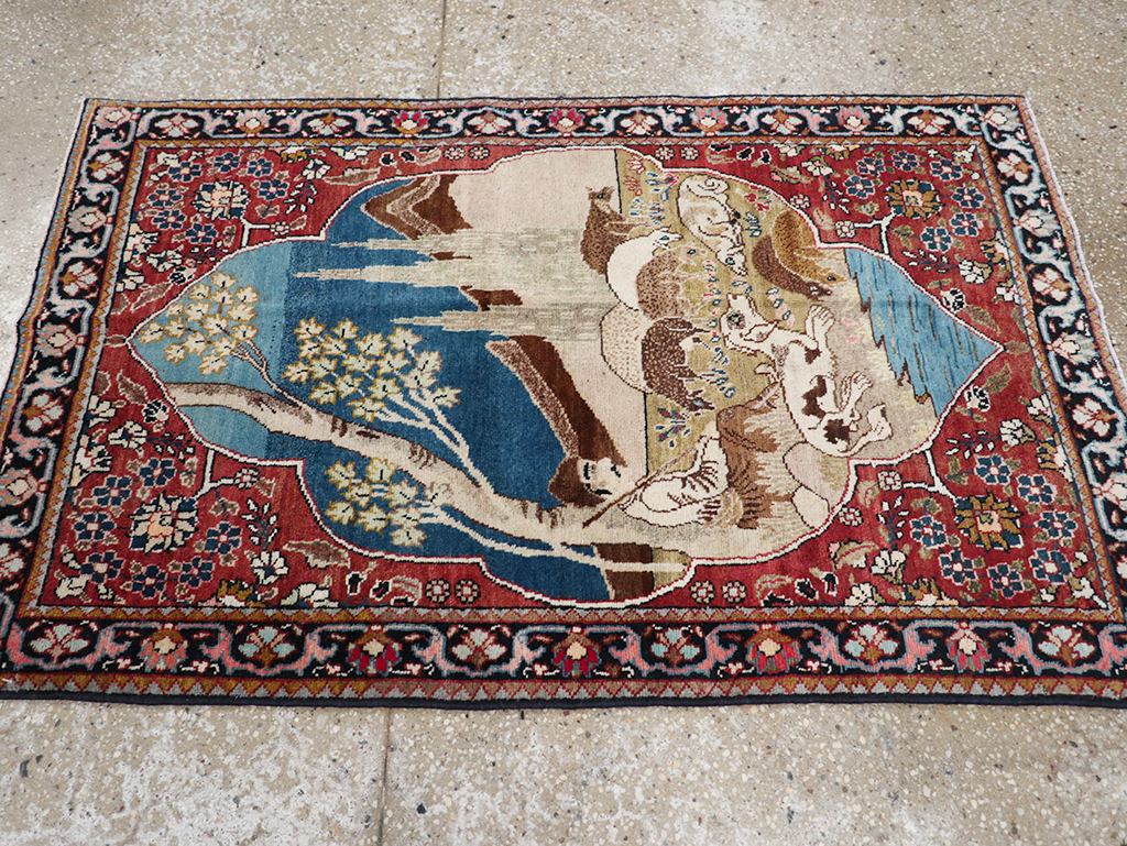 Vintage Persian Tabriz Pictorial Throw Rug, No.32103 - Gss