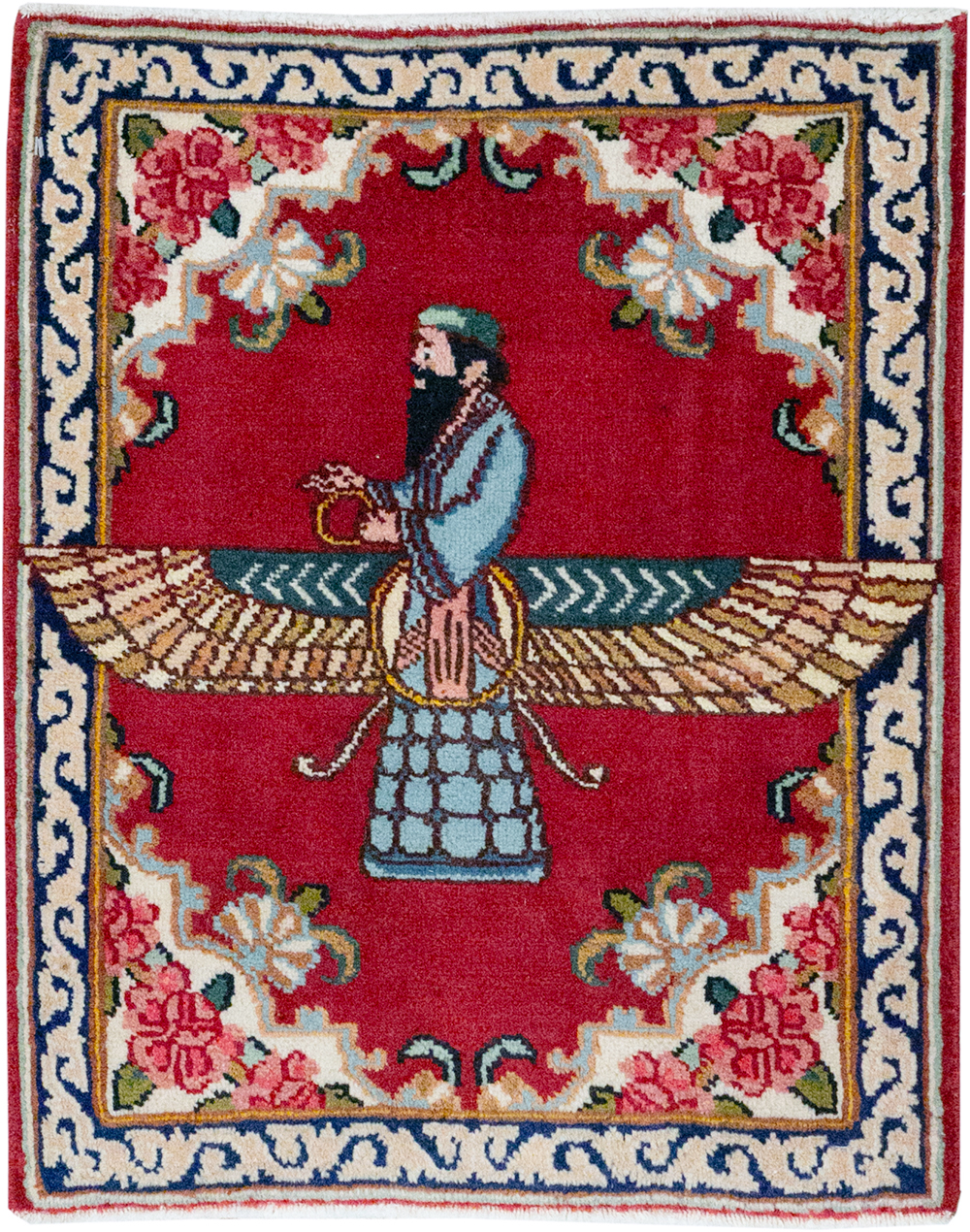 Vintage Persian Kerman Pictorial Throw Rug (Pair: 1 of 2), No.32108 - Gss