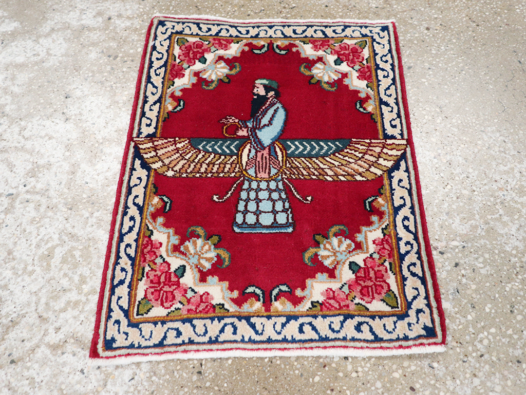 Vintage Persian Kerman Pictorial Throw Rug (Pair: 1 of 2), No.32108 - Gss