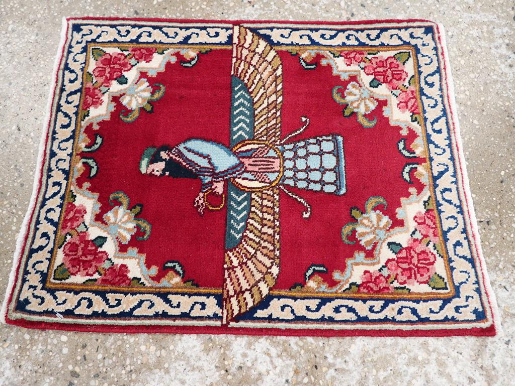 Vintage Persian Kerman Pictorial Throw Rug (Pair: 1 of 2), No.32108 - Gss