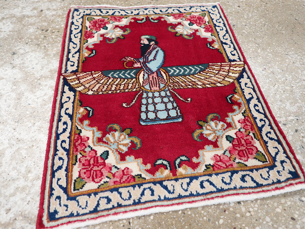 Vintage Persian Kerman Pictorial Throw Rug (Pair: 1 of 2), No.32108 - Gss