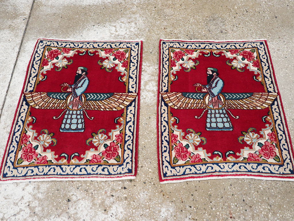 Vintage Persian Kerman Pictorial Throw Rug (Pair: 1 of 2), No.32108 - Gss