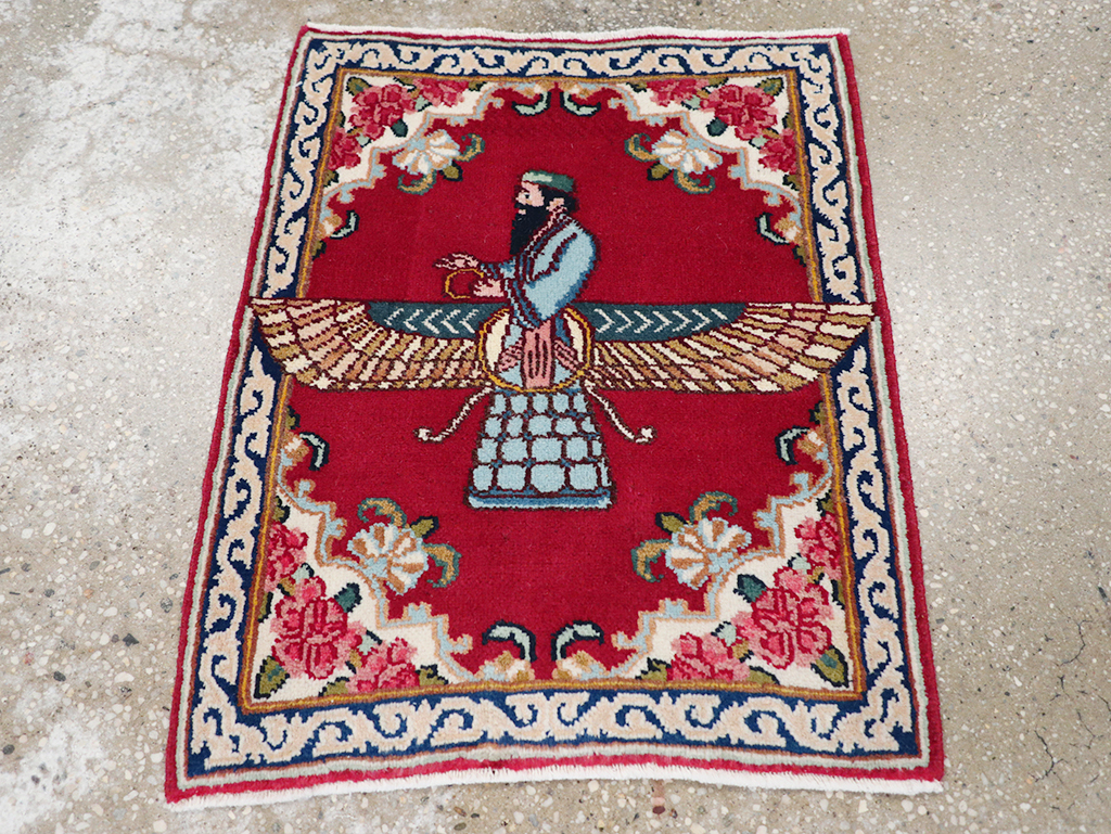 Vintage Persian Kerman Pictorial Throw Rug (Pair: 2 of 2), No.32109 - Gss