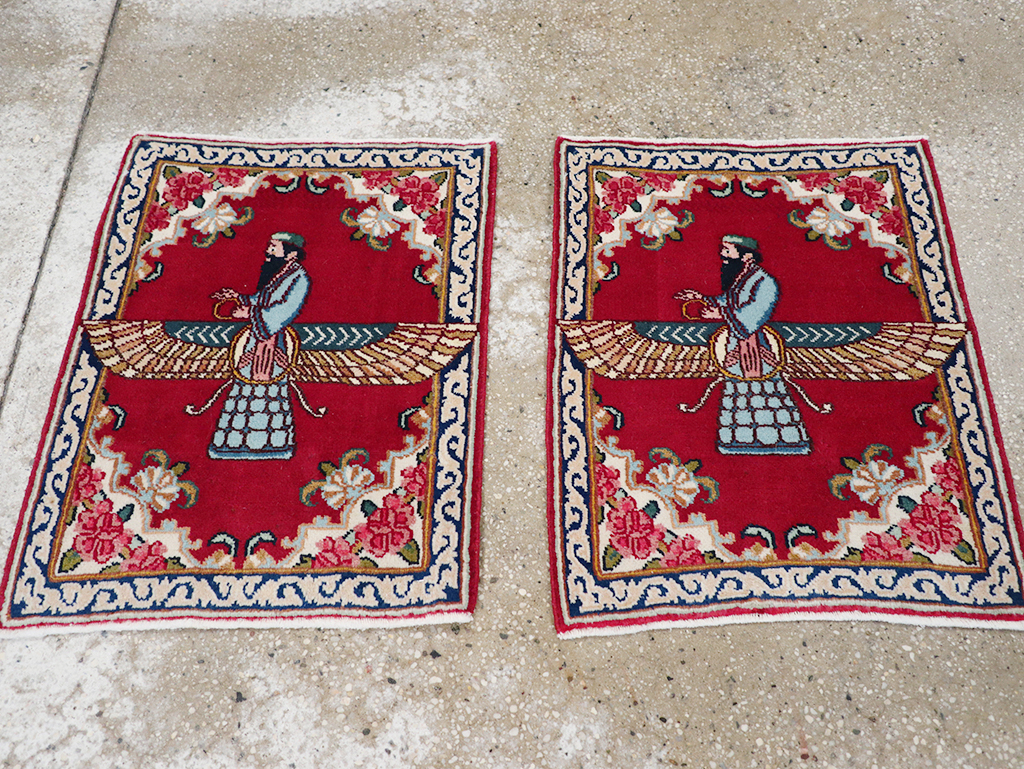 Vintage Persian Kerman Pictorial Throw Rug (Pair: 2 of 2), No.32109 - Gss