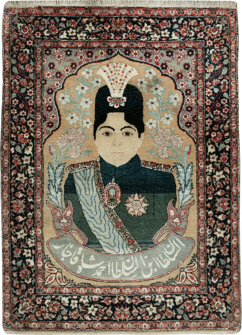 Antique Persian Pictorial Mohtasham Kashan Throw Rug, No.32361 - Gss