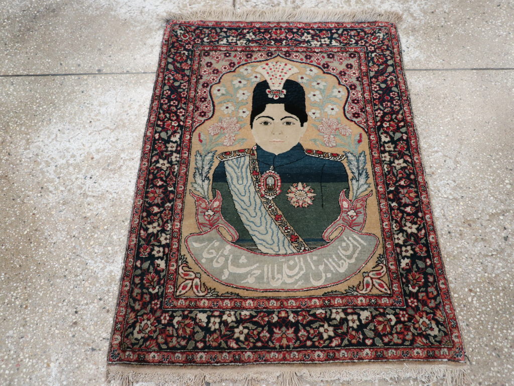 Antique Persian Pictorial Mohtasham Kashan Throw Rug, No.32361 - Gss
