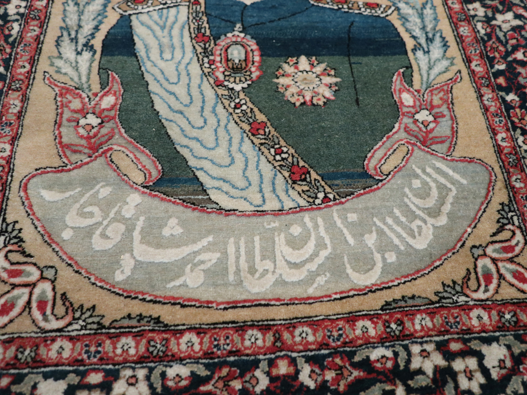 Antique Persian Pictorial Mohtasham Kashan Throw Rug, No.32361 - Gss