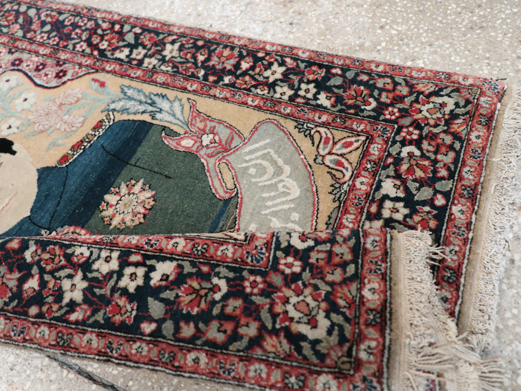 Antique Persian Pictorial Mohtasham Kashan Throw Rug, No.32361 - Gss