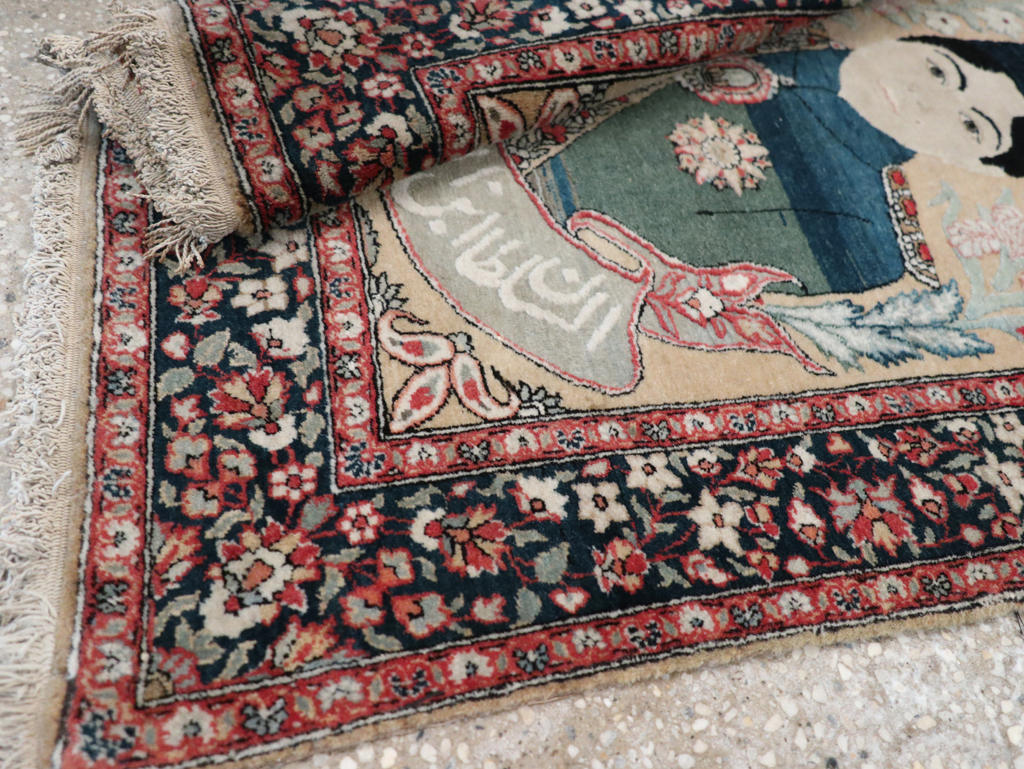 Antique Persian Pictorial Mohtasham Kashan Throw Rug, No.32361 - Gss