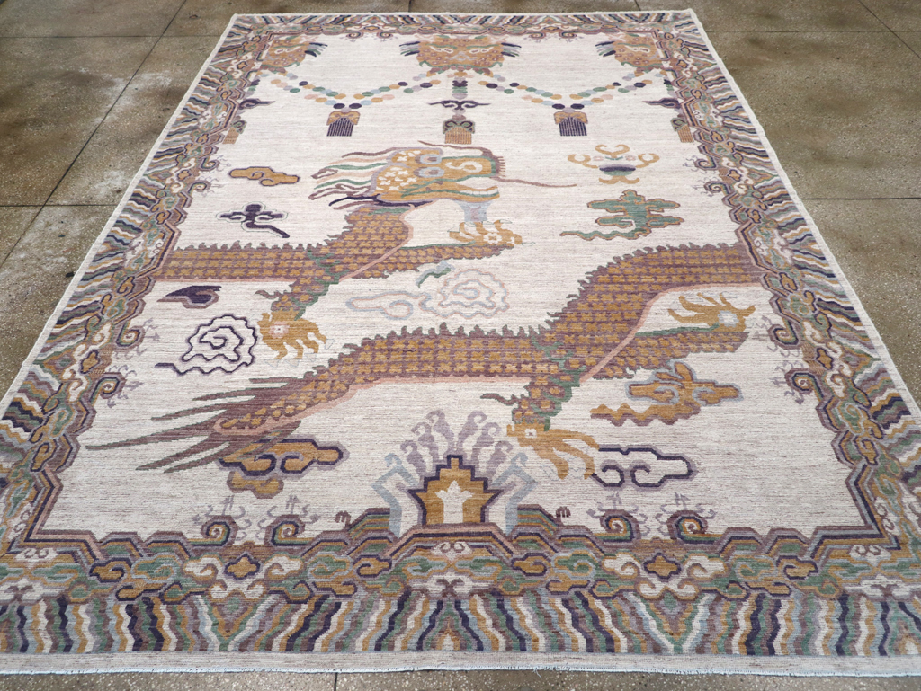 Modern East Turkestan Dragon Khotan Pictorial Room Size Carpet, No.32381 - Gss