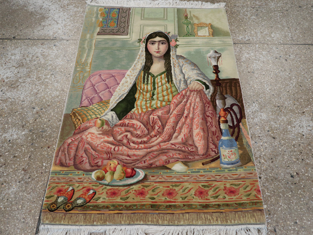 Vintage Persian Tabriz Pictorial Throw Rug (Pair: 1 of 2), No.32417 - Gss