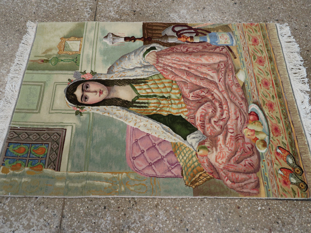 Vintage Persian Tabriz Pictorial Throw Rug (Pair: 1 of 2), No.32417 - Gss
