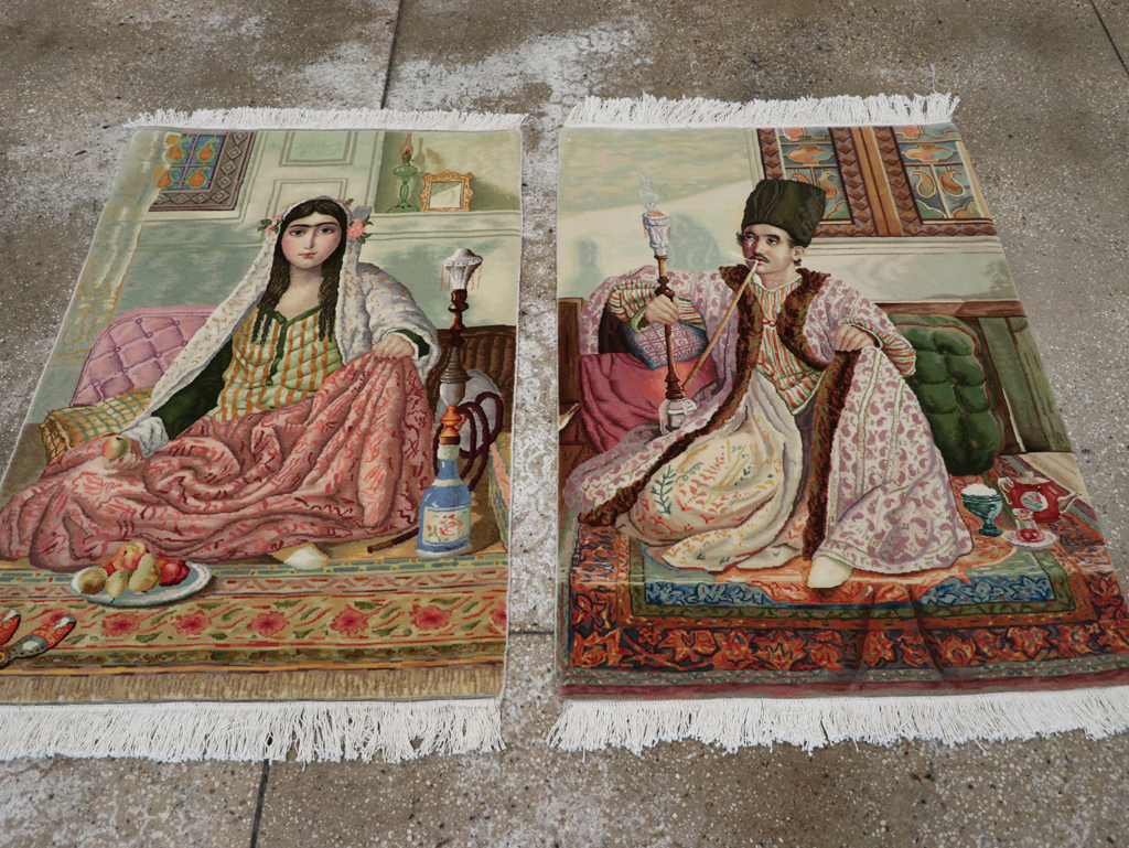 Vintage Persian Tabriz Pictorial Throw Rug (Pair: 1 of 2), No.32417 - Gss