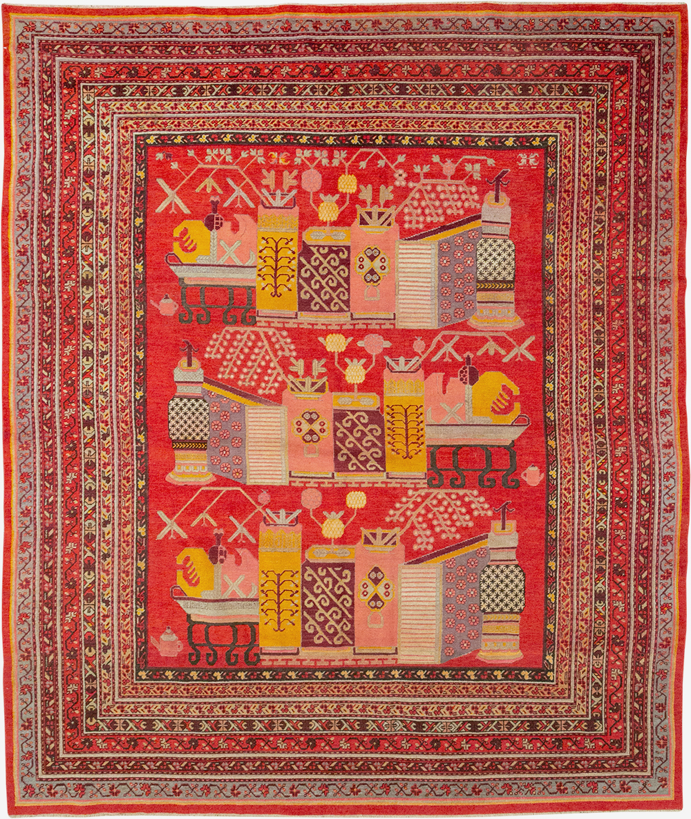Antique East Turkestan Pictorial Vase Khotan Room Size Carpet, No.32925 - Gss