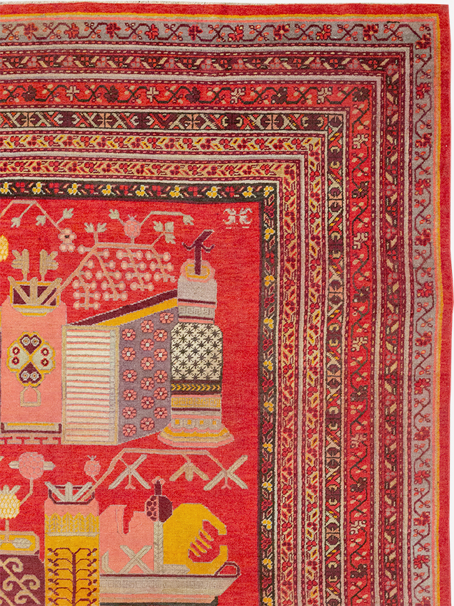 Antique East Turkestan Pictorial Vase Khotan Room Size Carpet, No.32925 - Gss