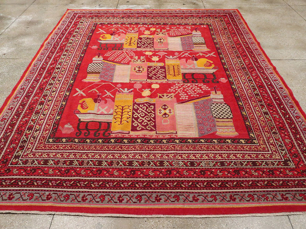 Antique East Turkestan Pictorial Vase Khotan Room Size Carpet, No.32925 - Gss
