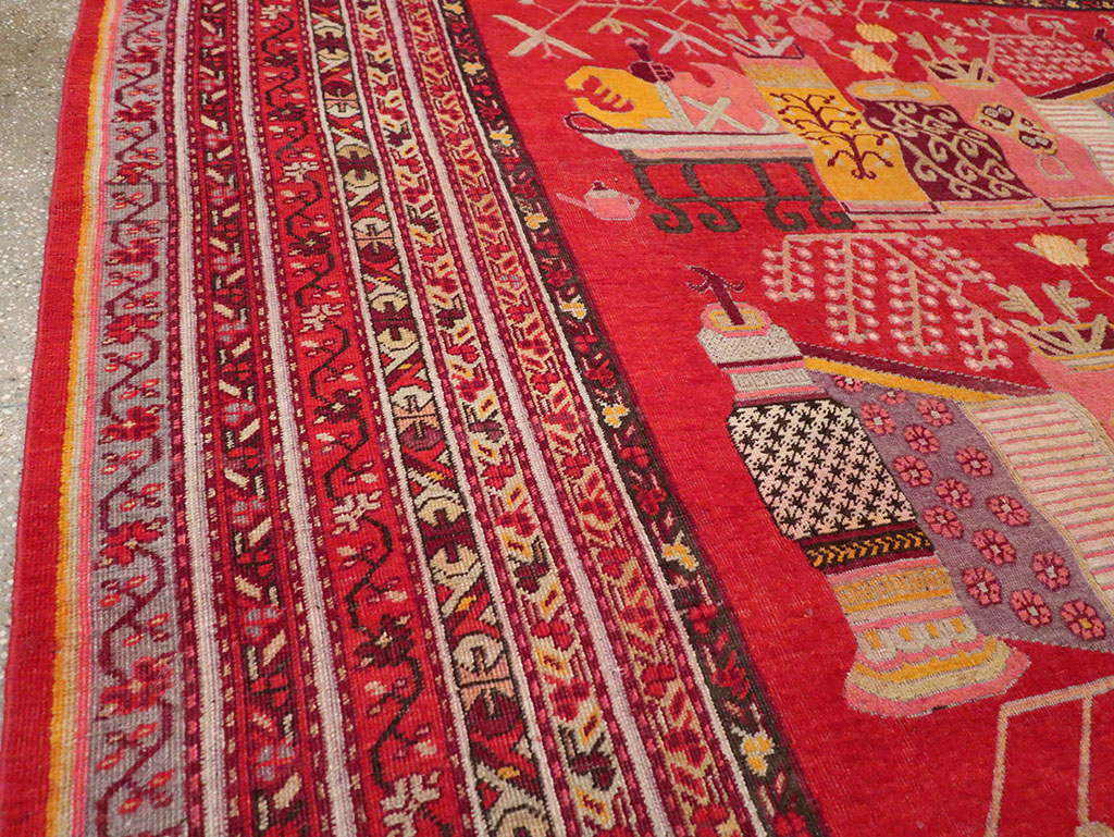 Antique East Turkestan Pictorial Vase Khotan Room Size Carpet, No.32925 - Gss