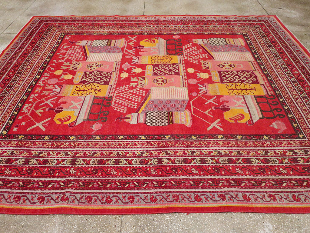 Antique East Turkestan Pictorial Vase Khotan Room Size Carpet, No.32925 - Gss
