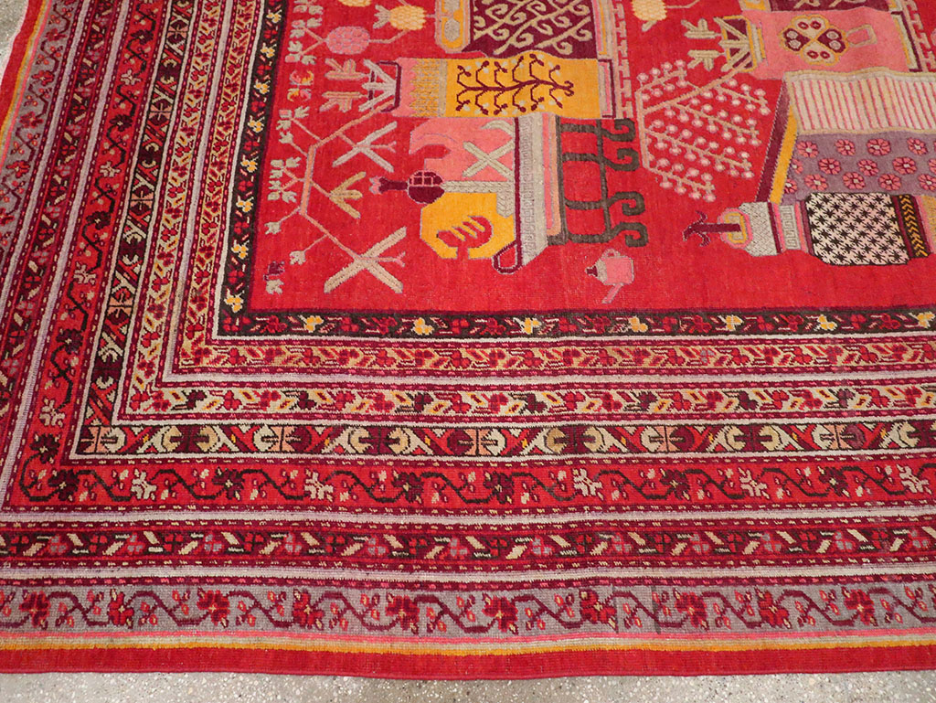 Antique East Turkestan Pictorial Vase Khotan Room Size Carpet, No.32925 - Gss