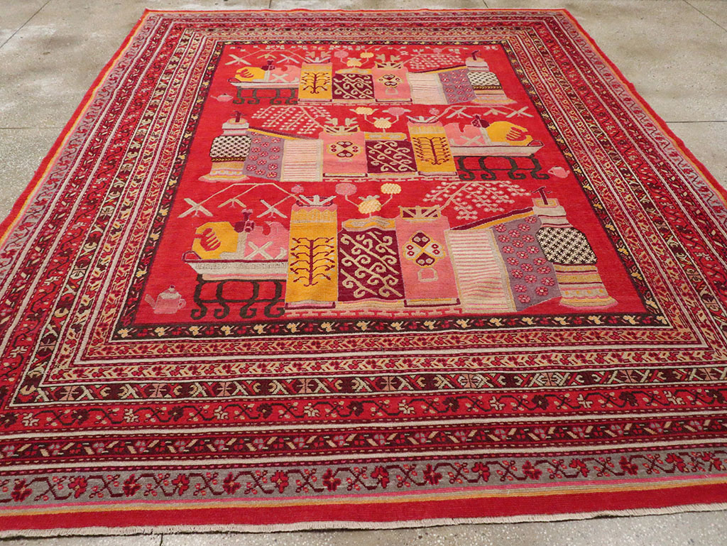 Antique East Turkestan Pictorial Vase Khotan Room Size Carpet, No.32925 - Gss